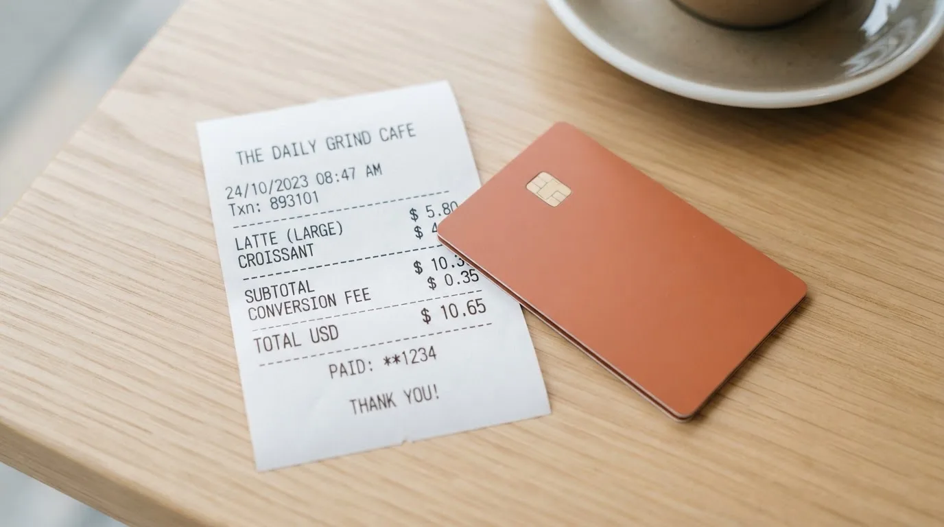 A receipt and a card on a café table