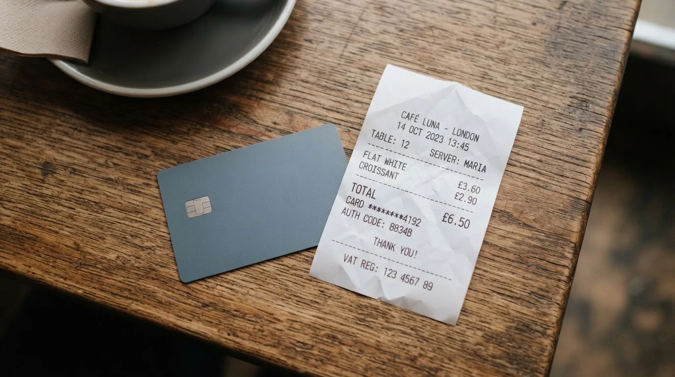 A receipt and a card on a café table