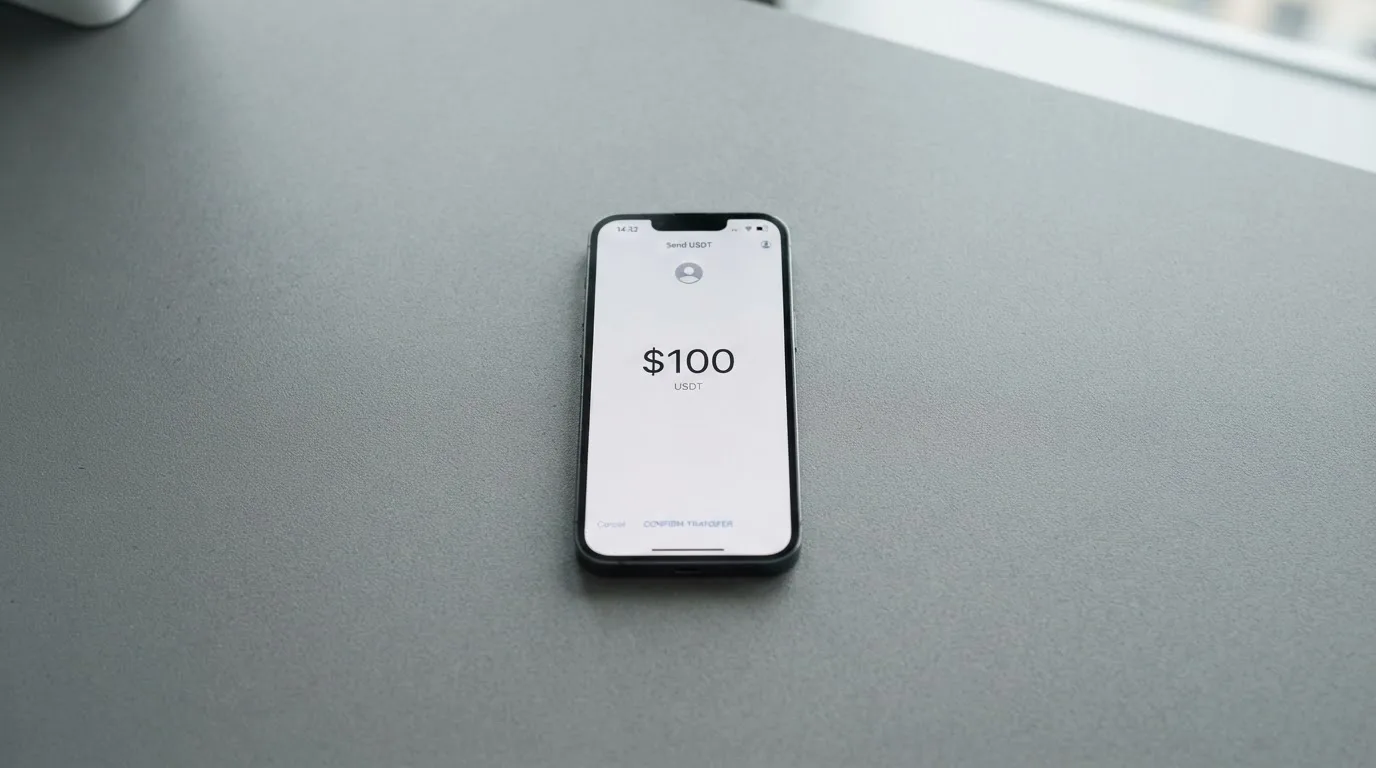 A phone showing a stablecoin transfer screen