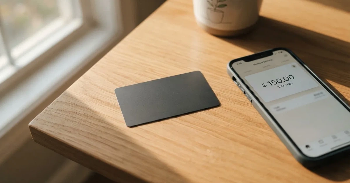 A payment card next to a phone with a crypto wallet app open