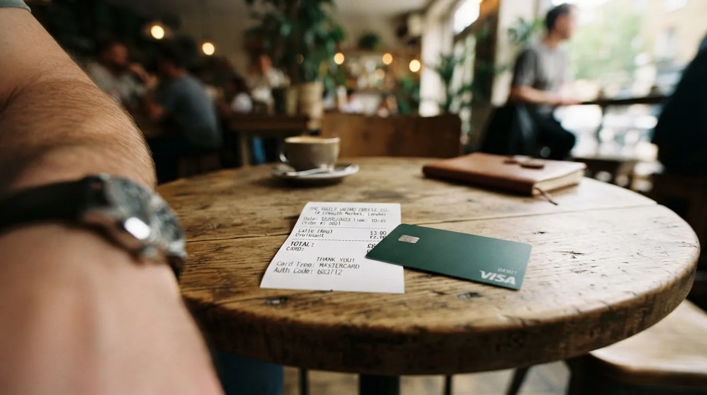 A receipt and a card on a café table