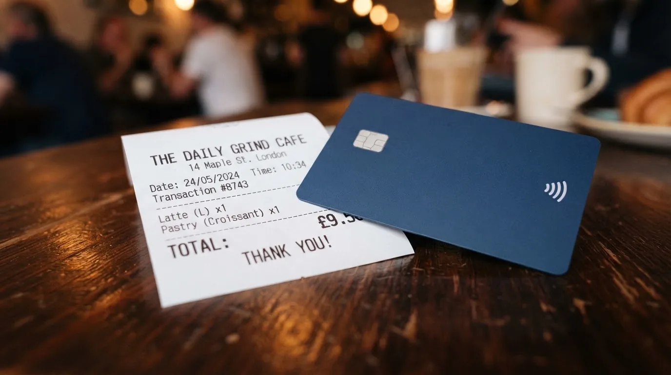 A receipt and a card on a café table