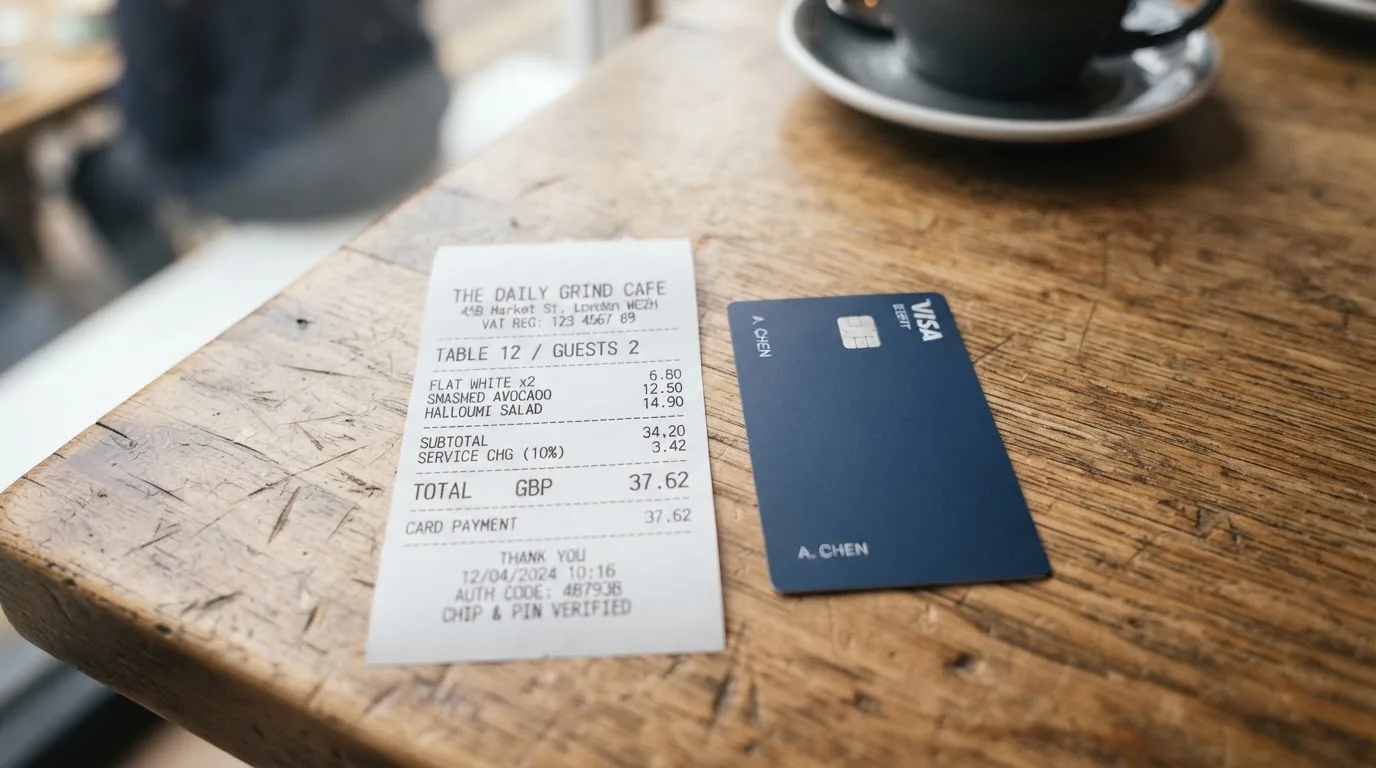 A receipt and a card on a café table