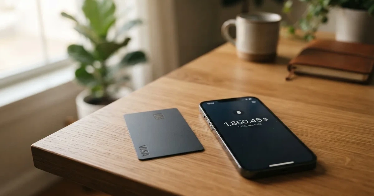 A payment card next to a phone with a crypto wallet app open