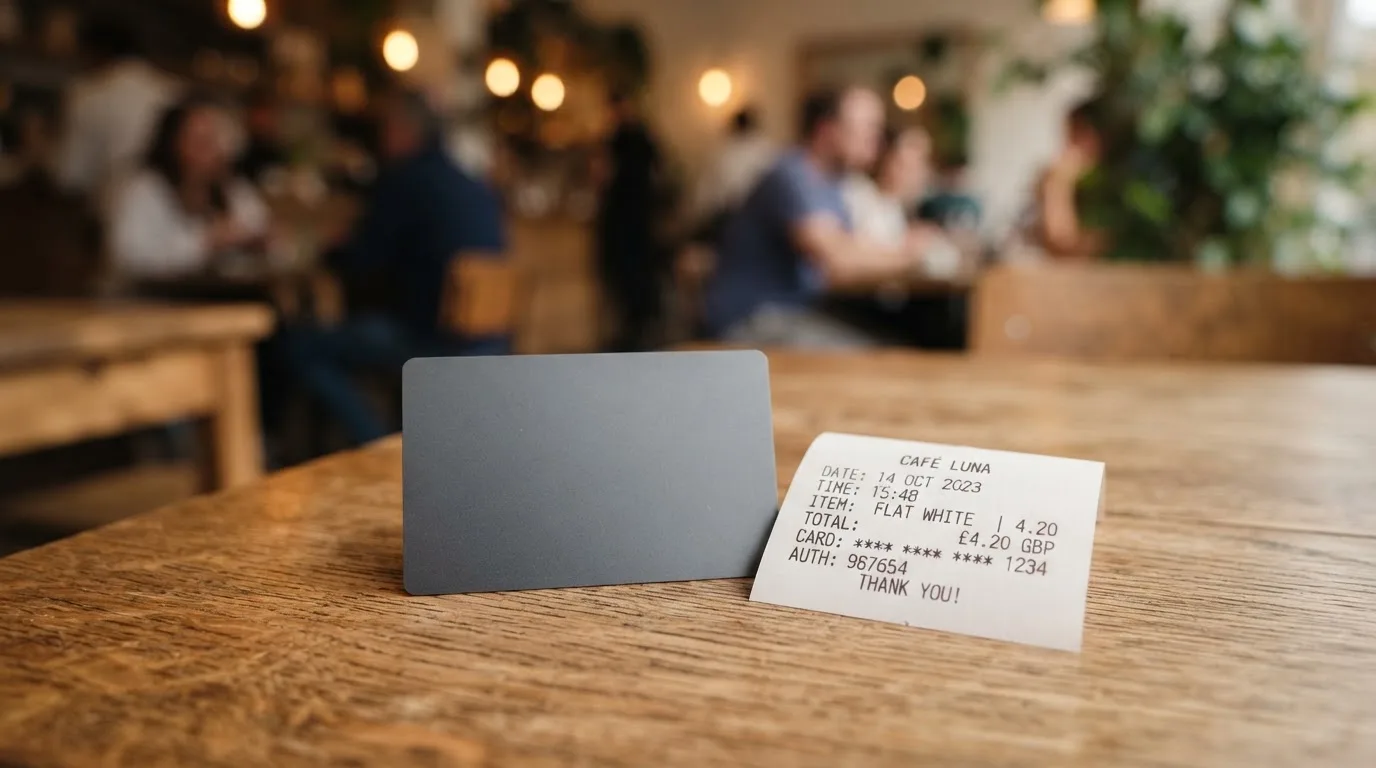 A receipt and a card on a café table