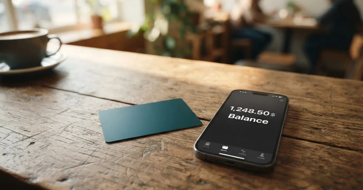 A payment card next to a phone with a crypto wallet app open