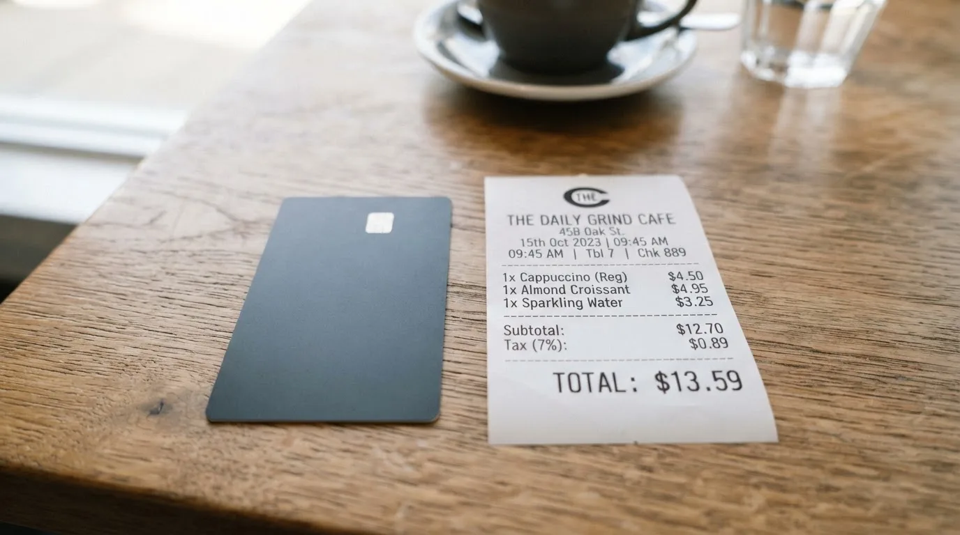 A receipt and a card on a café table