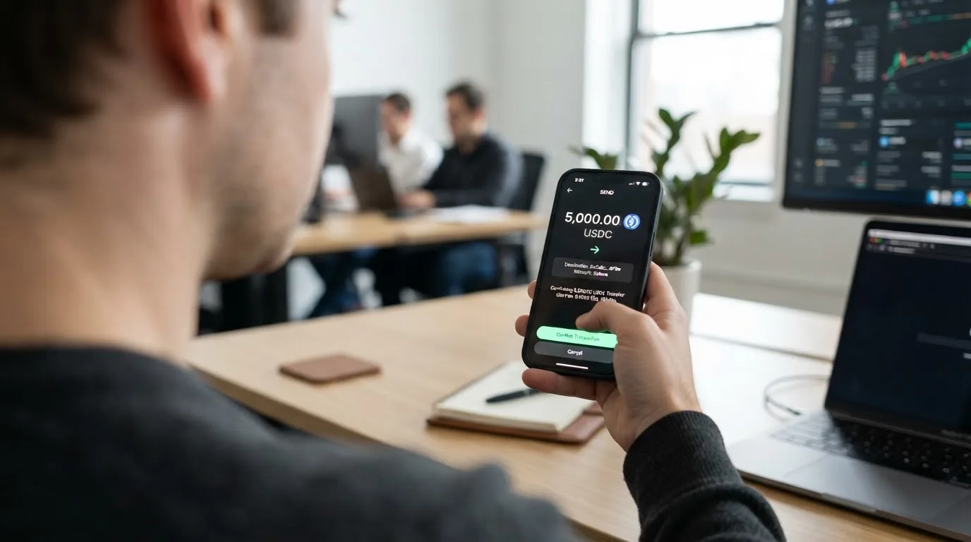 A phone showing a stablecoin transfer screen