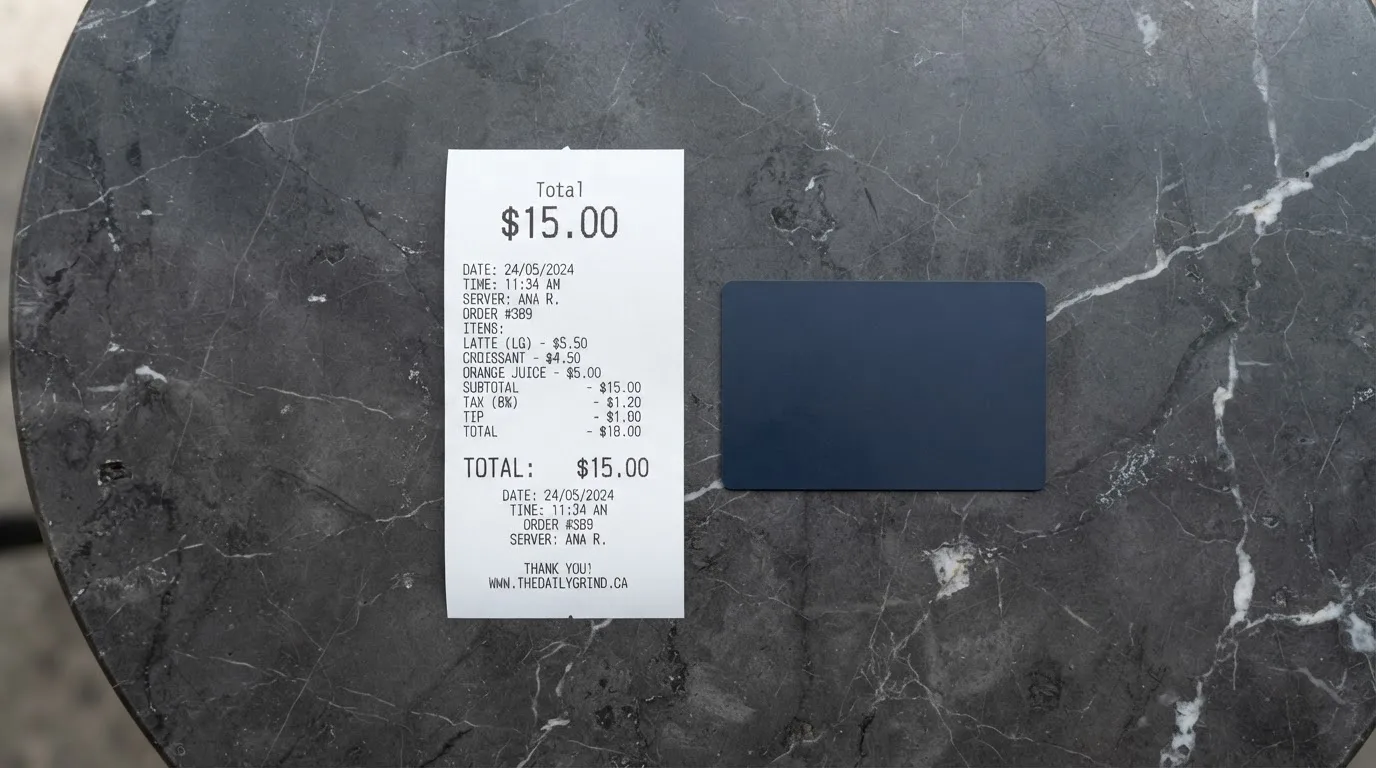 A receipt and a card on a café table