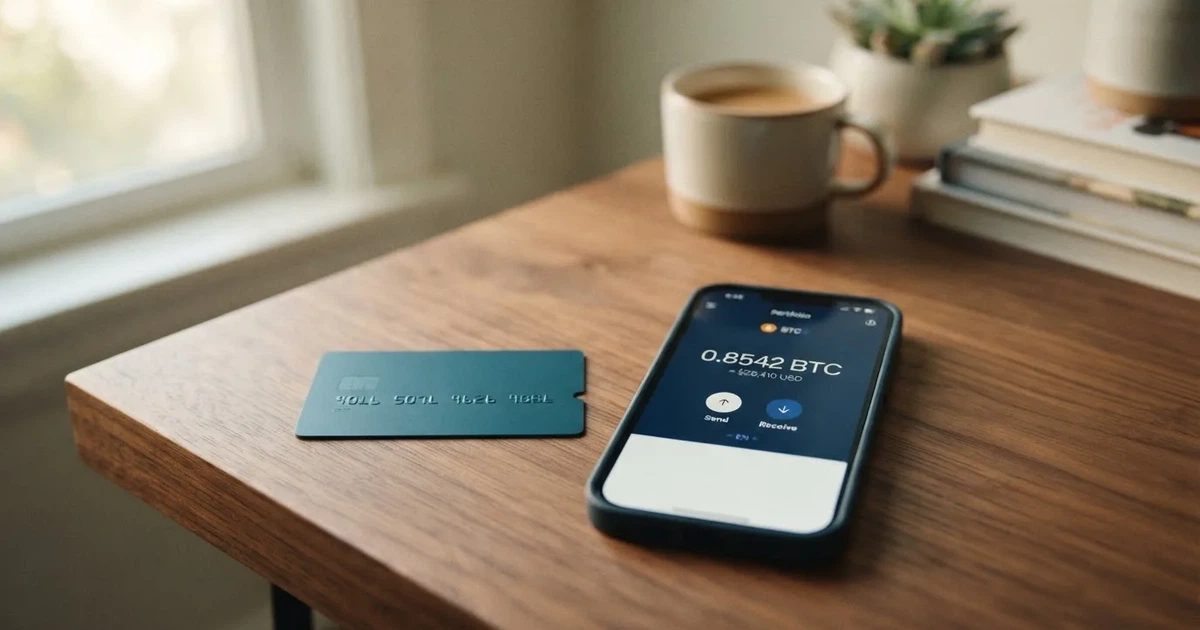 A payment card next to a phone with a crypto wallet app open