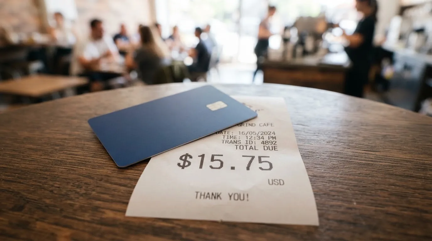 A receipt and a card on a café table