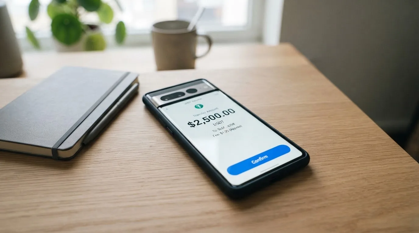 A phone showing a stablecoin transfer screen