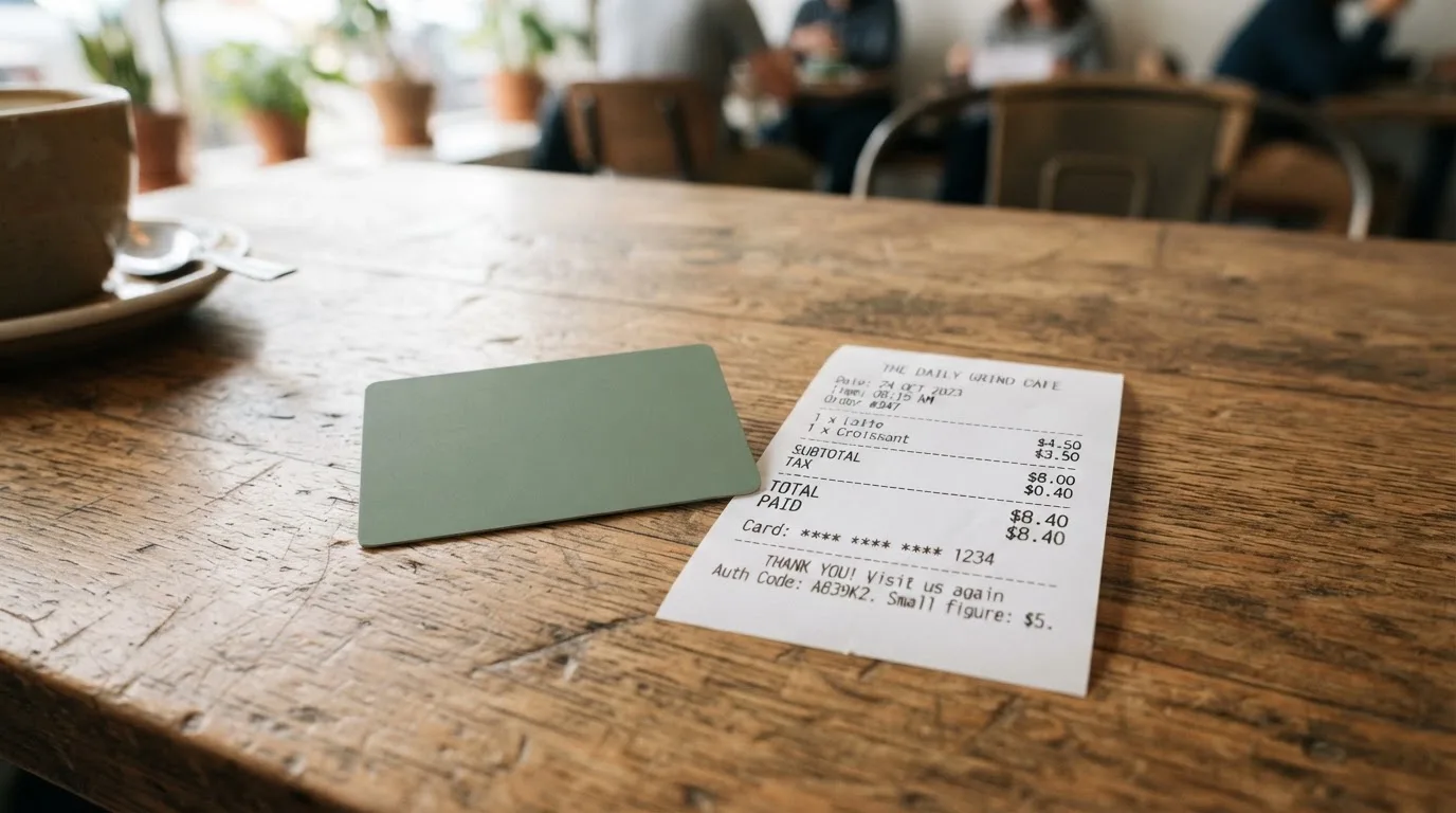 A receipt and a card on a café table