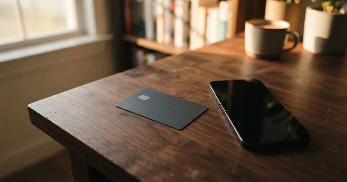 A payment card next to a phone with a crypto wallet app open