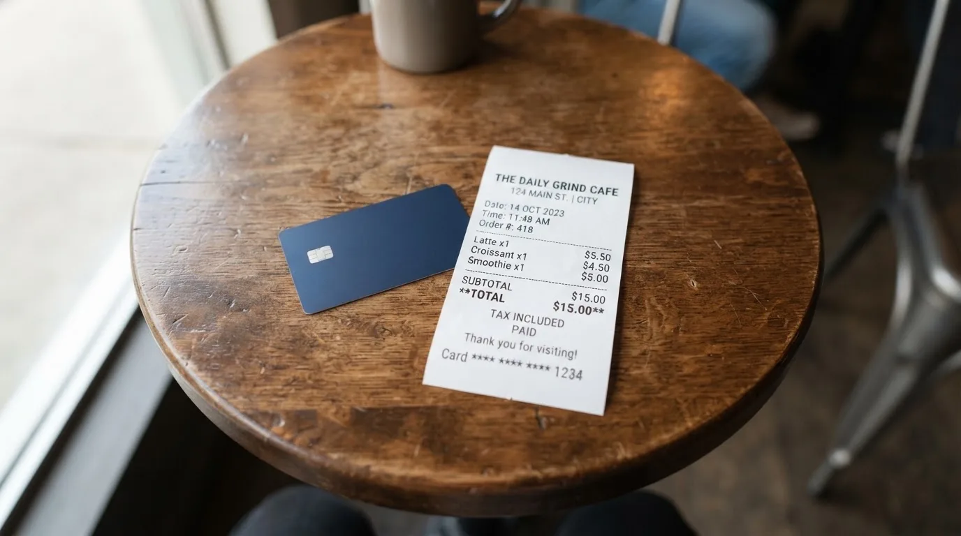 A receipt and a card on a café table