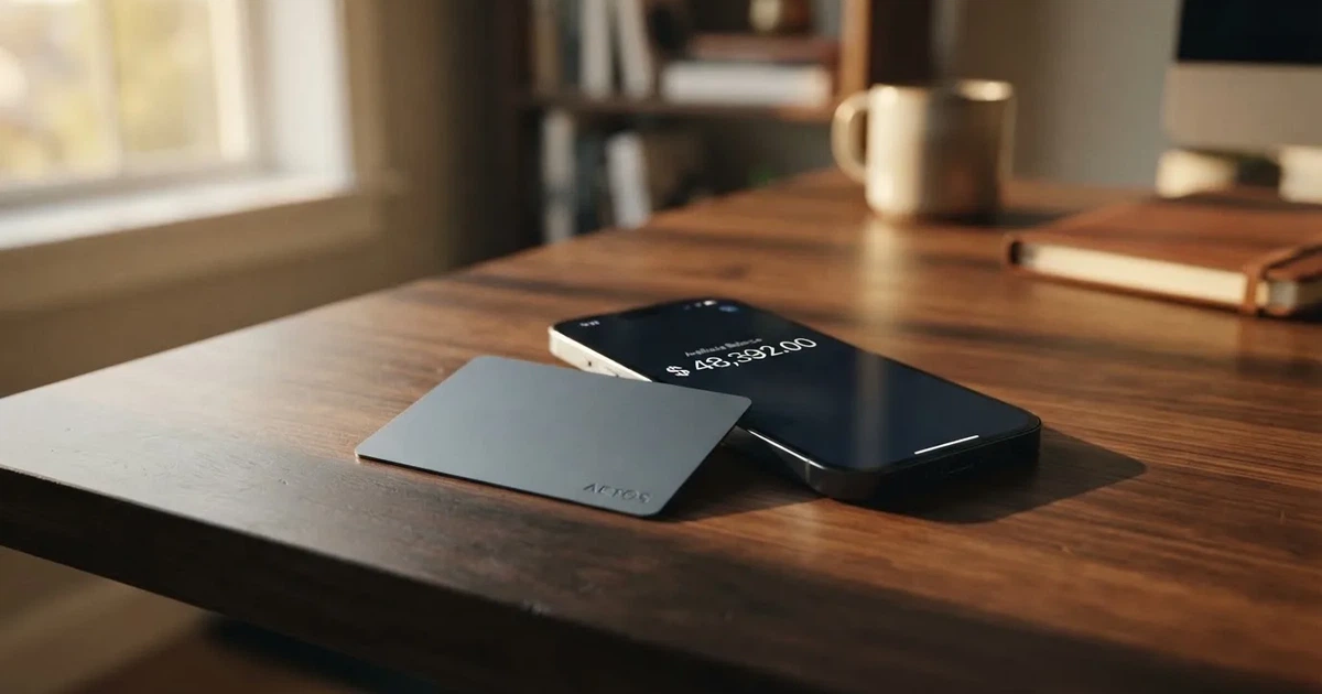 A payment card next to a phone with a crypto wallet app open