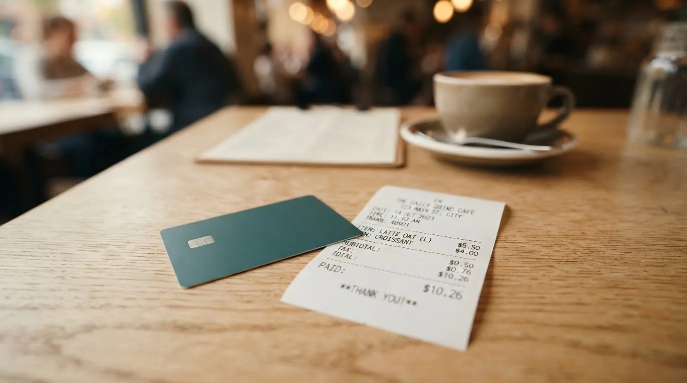 A receipt and a card on a café table