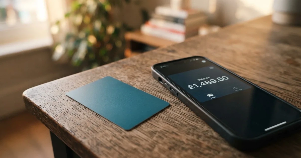 A payment card next to a phone with a crypto wallet app open