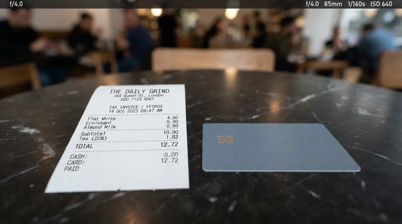 A receipt and a card on a café table