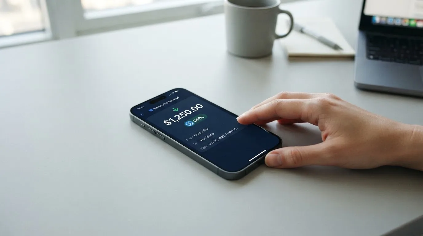 A phone showing a stablecoin transfer screen