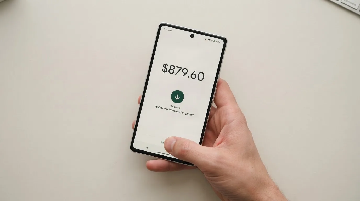 A phone showing a stablecoin transfer screen