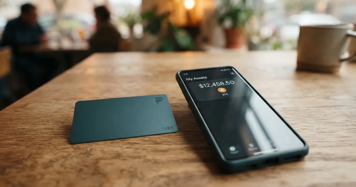 A payment card next to a phone with a crypto wallet app open