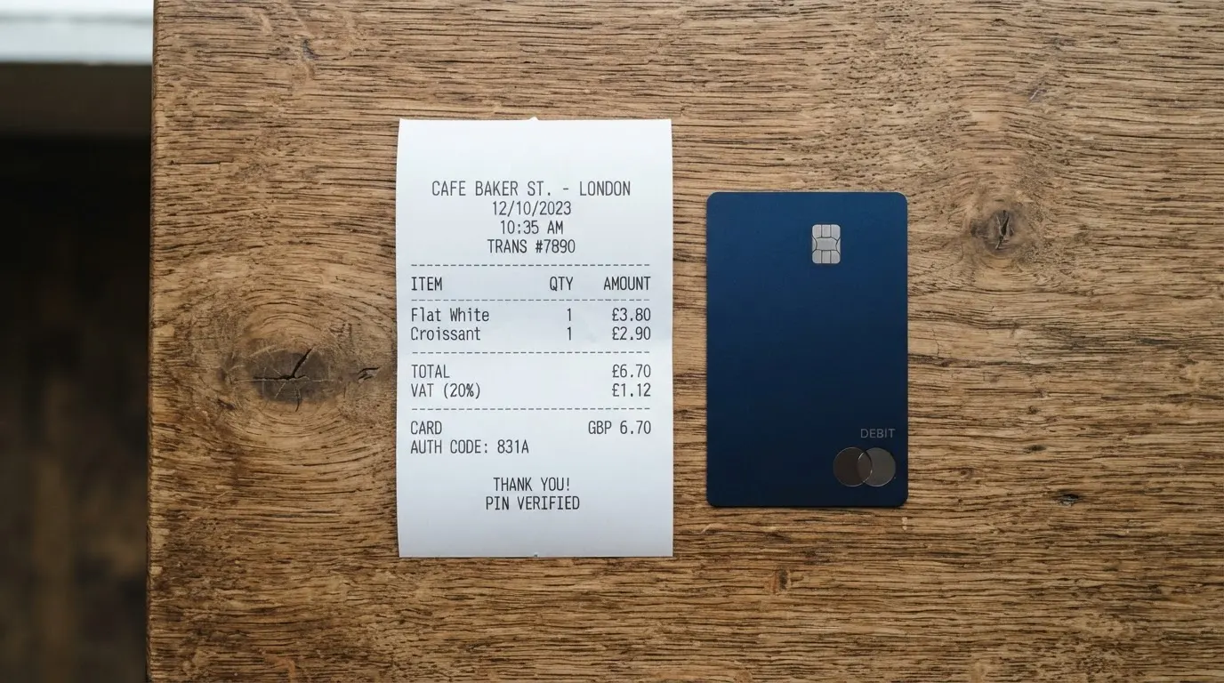 A receipt and a card on a café table