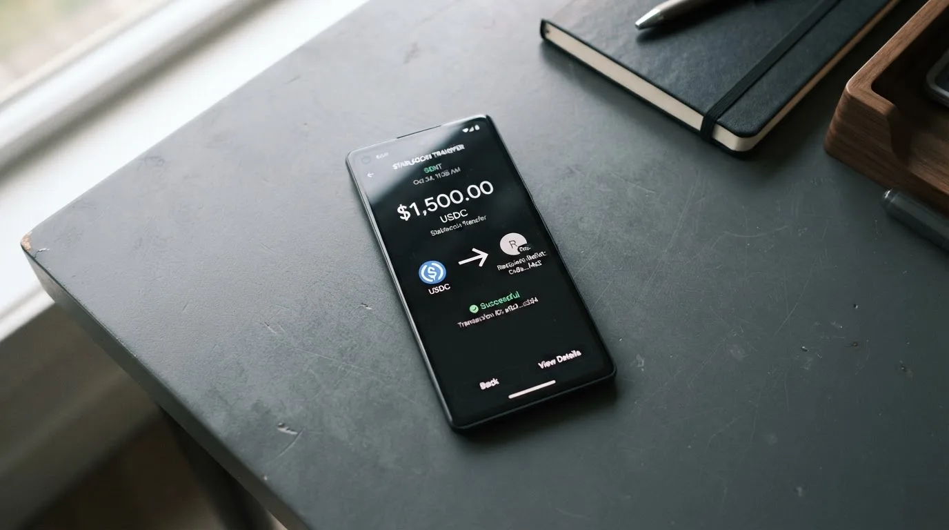 A phone showing a stablecoin transfer screen