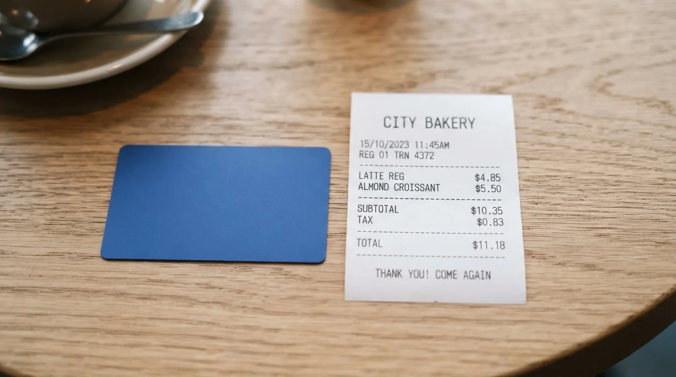 A receipt and a card on a café table