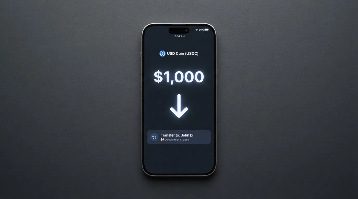 A phone showing a stablecoin transfer screen
