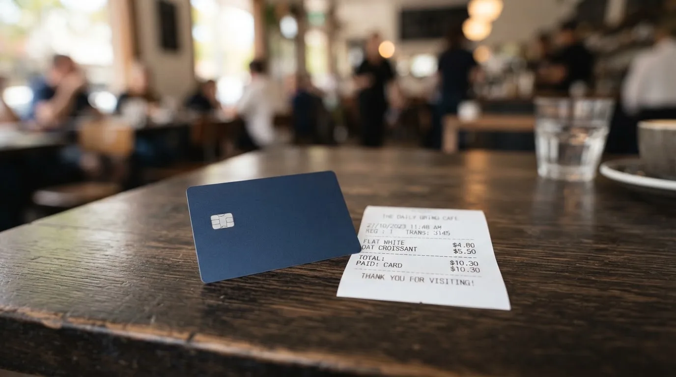 A receipt and a card on a café table