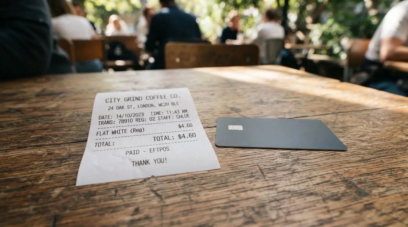 A receipt and a card on a café table