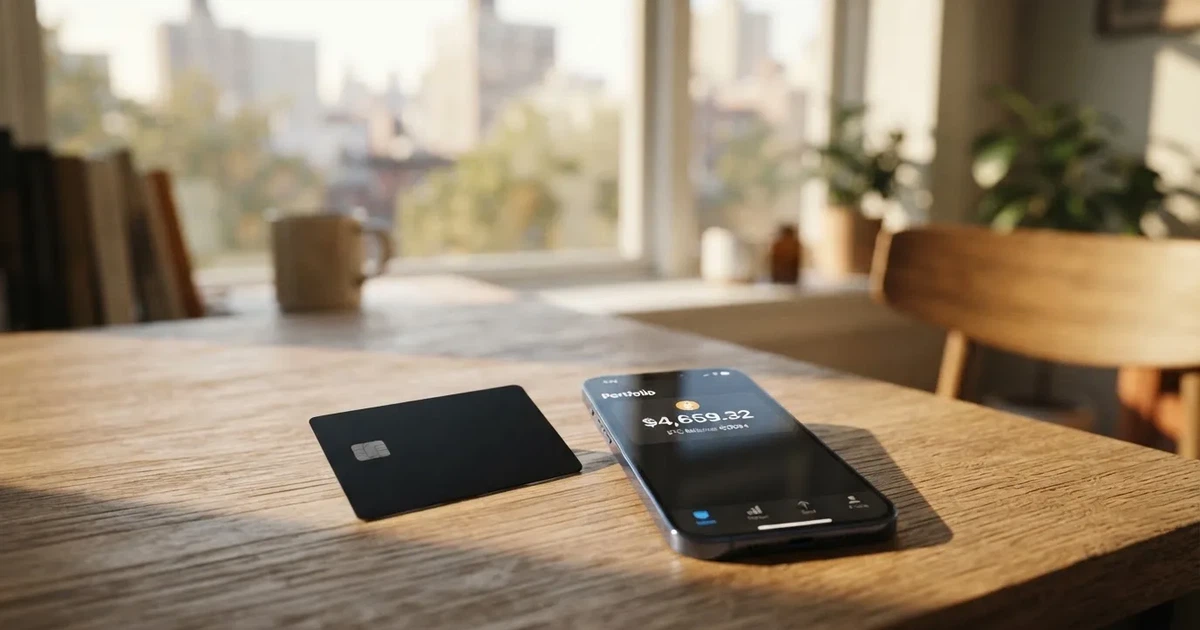 A payment card next to a phone with a crypto wallet app open