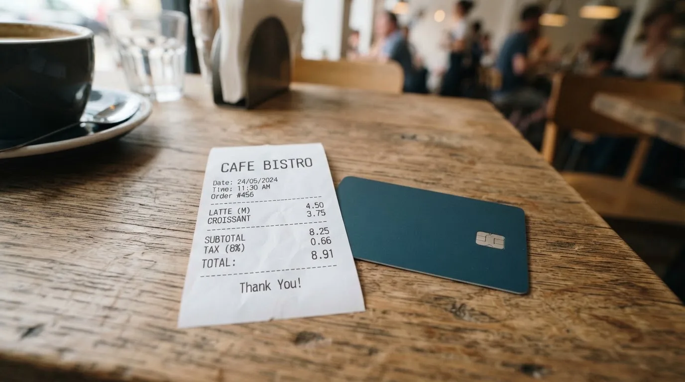 A receipt and a card on a café table