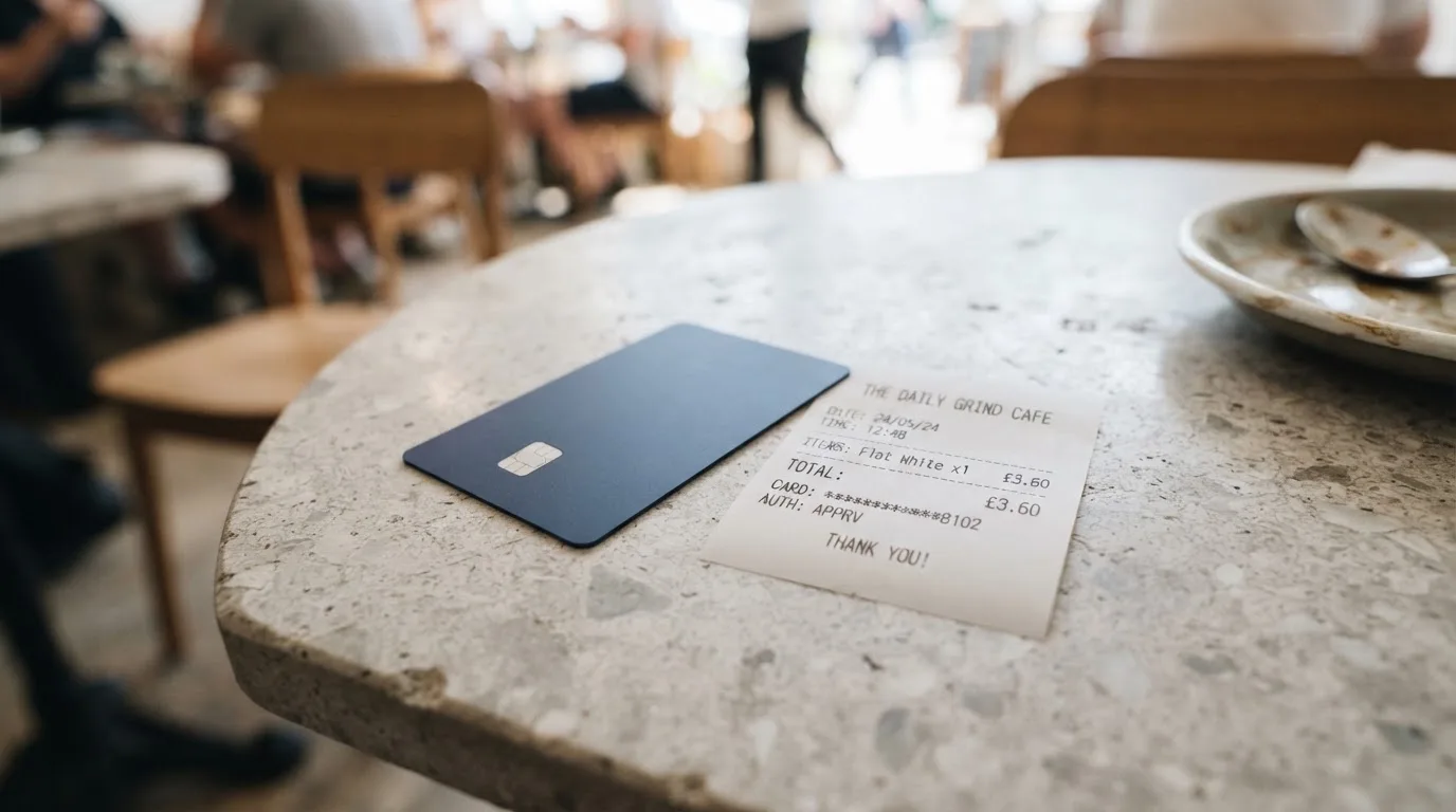 A receipt and a card on a café table