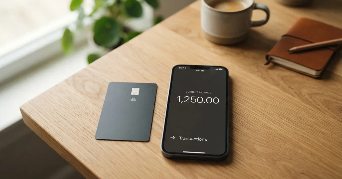 A payment card next to a phone with a crypto wallet app open