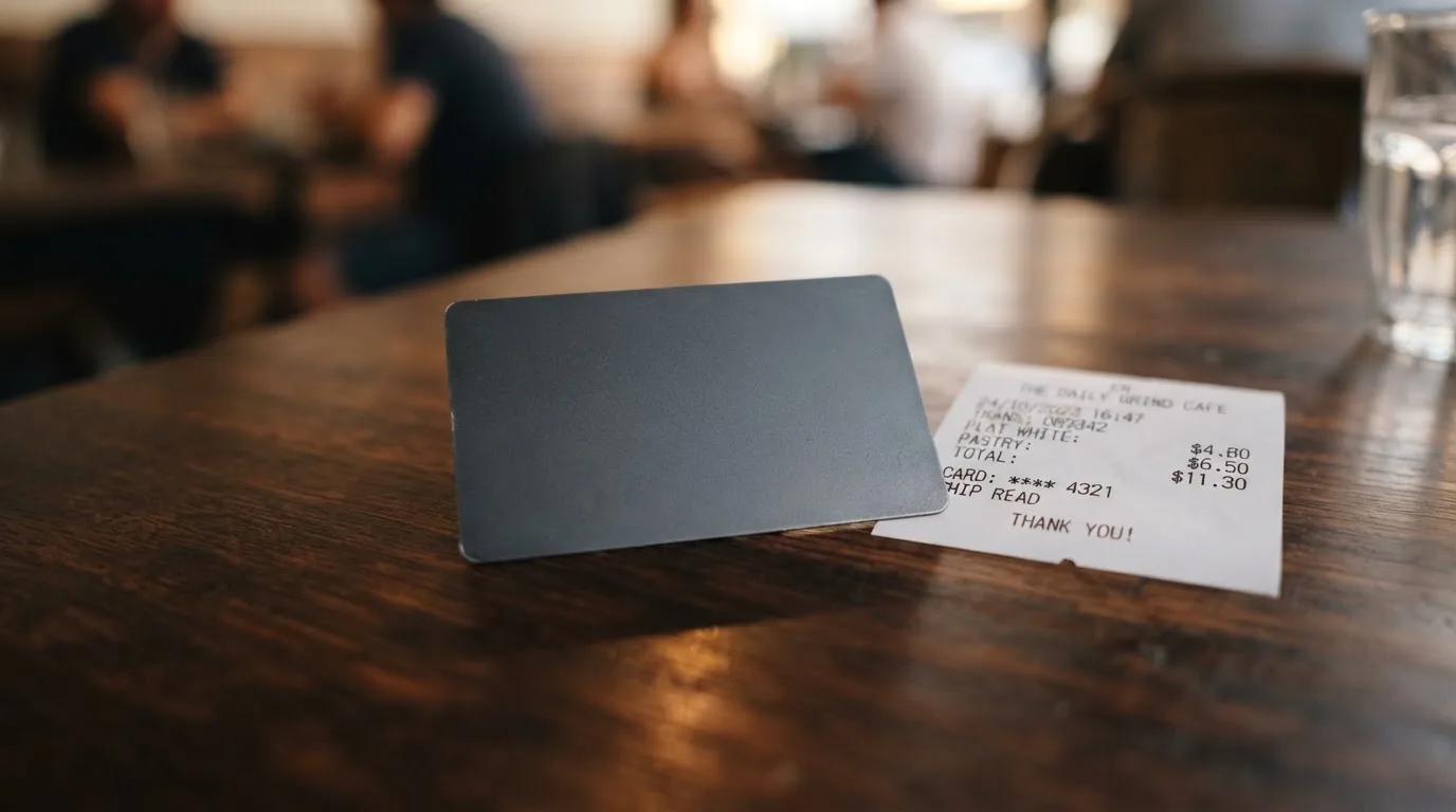 A receipt and a card on a café table