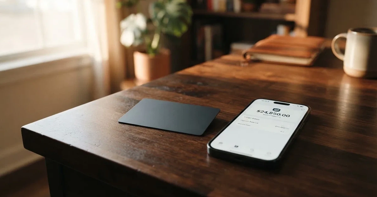 A payment card next to a phone with a crypto wallet app open