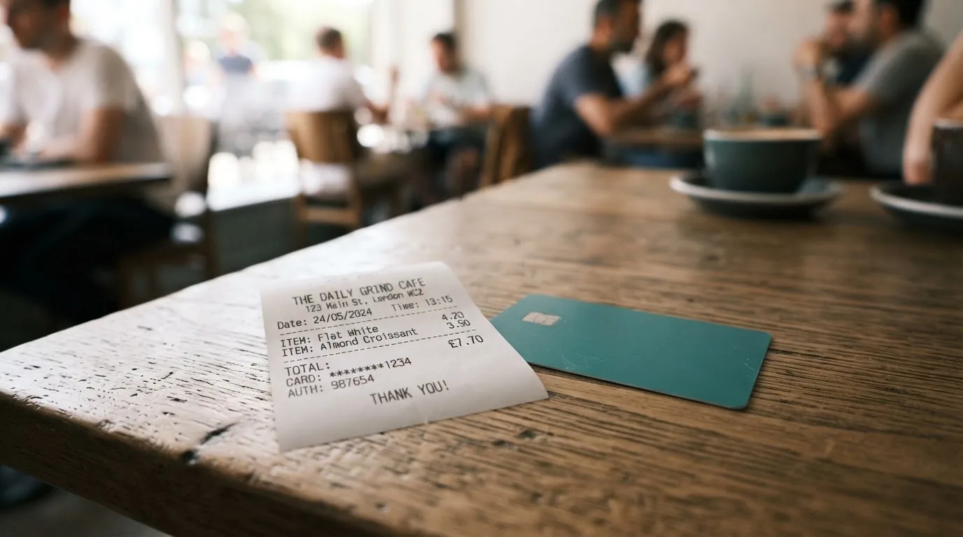 A receipt and a card on a café table