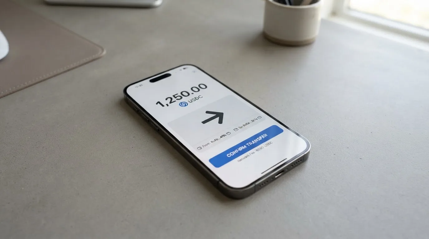 A phone showing a stablecoin transfer screen