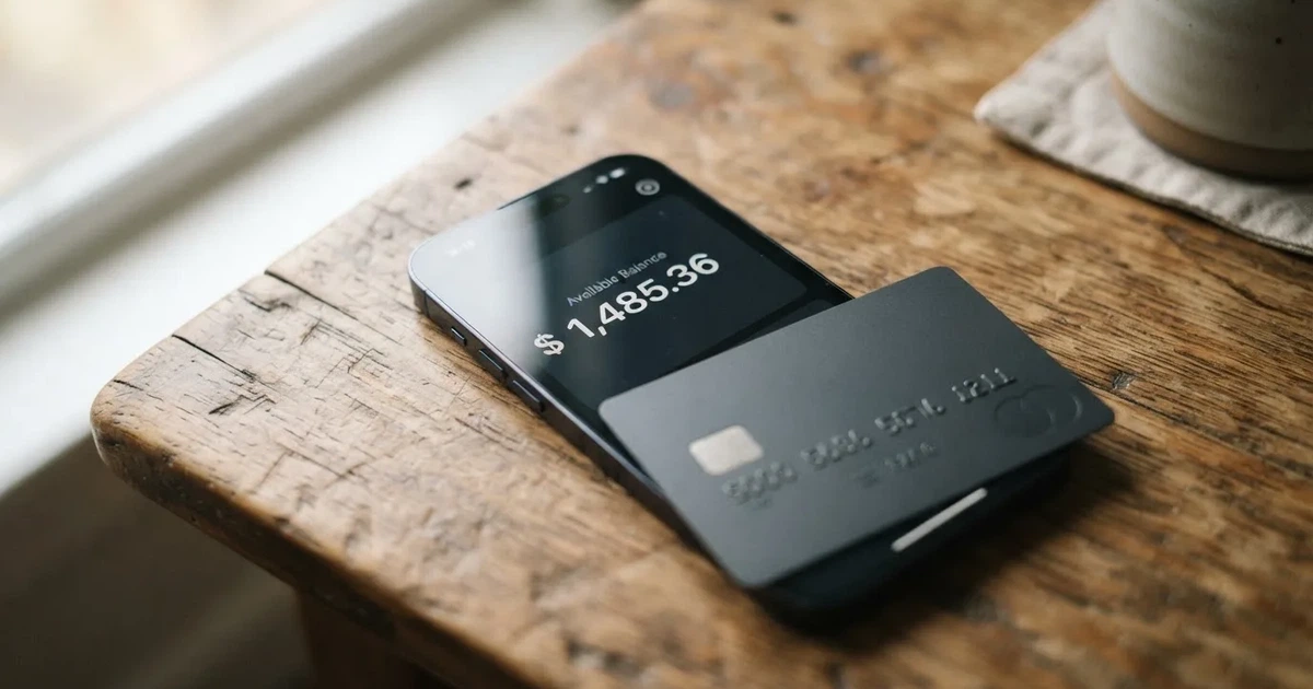 A payment card next to a phone with a crypto wallet app open