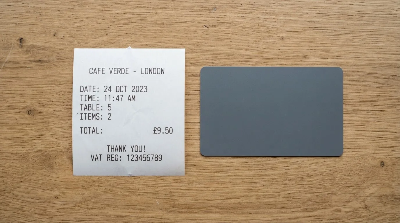 A receipt and a card on a café table