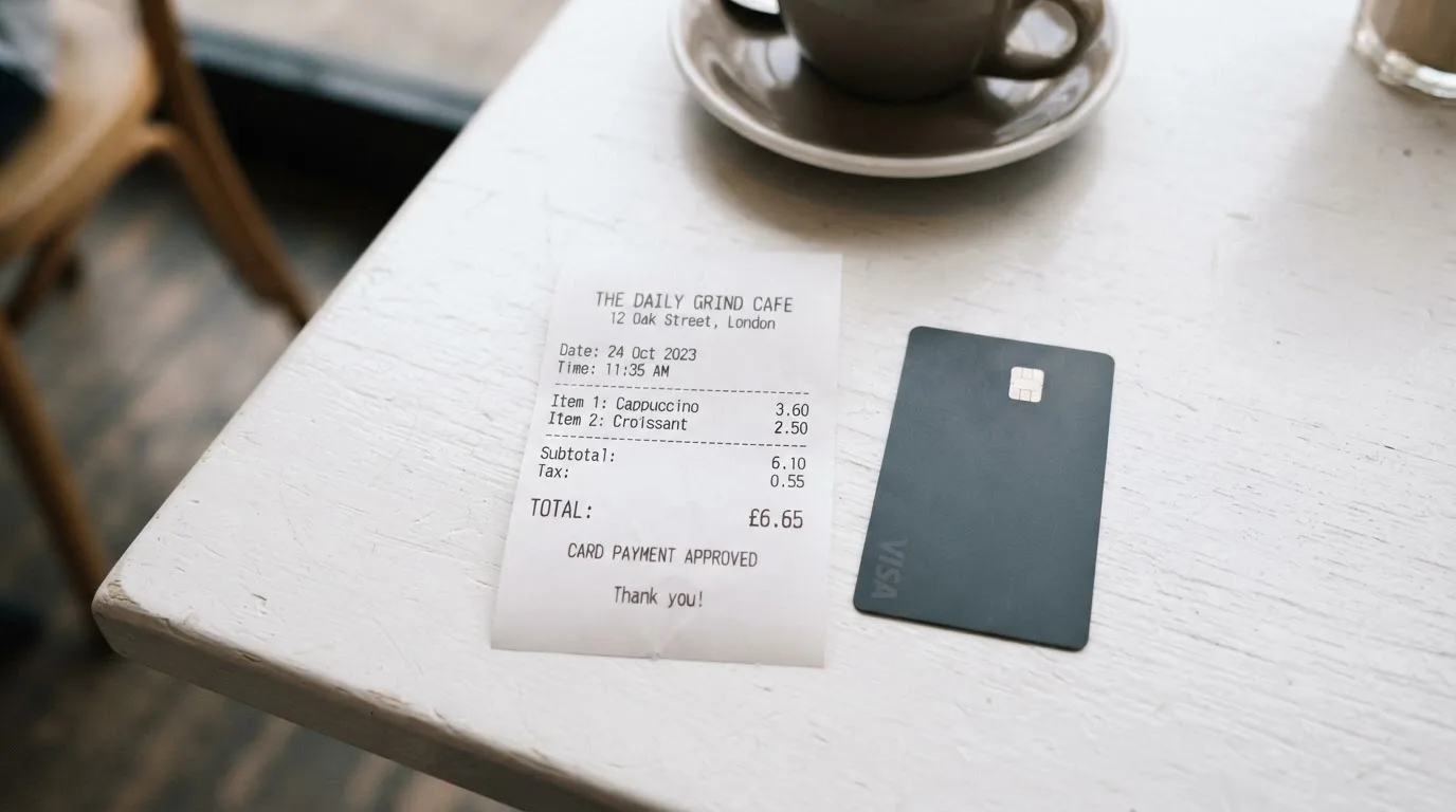 A receipt and a card on a café table