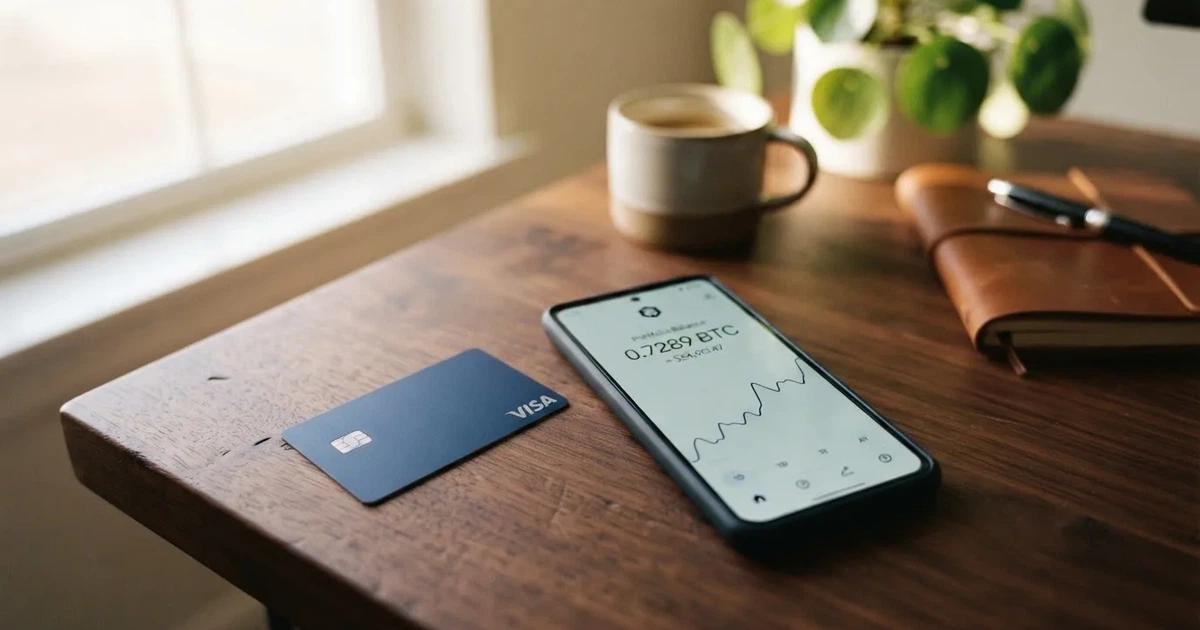 A payment card next to a phone with a crypto wallet app open