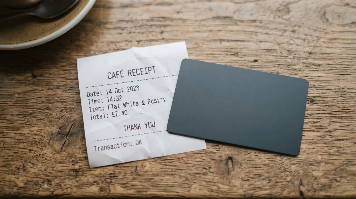 A receipt and a card on a café table