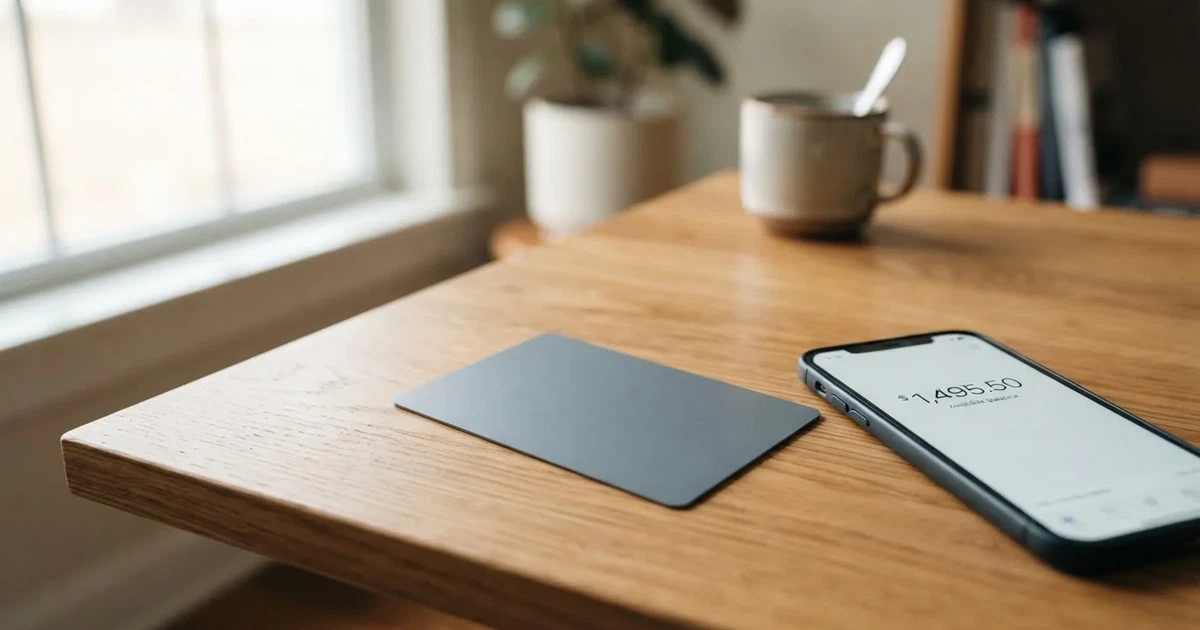A payment card next to a phone with a crypto wallet app open