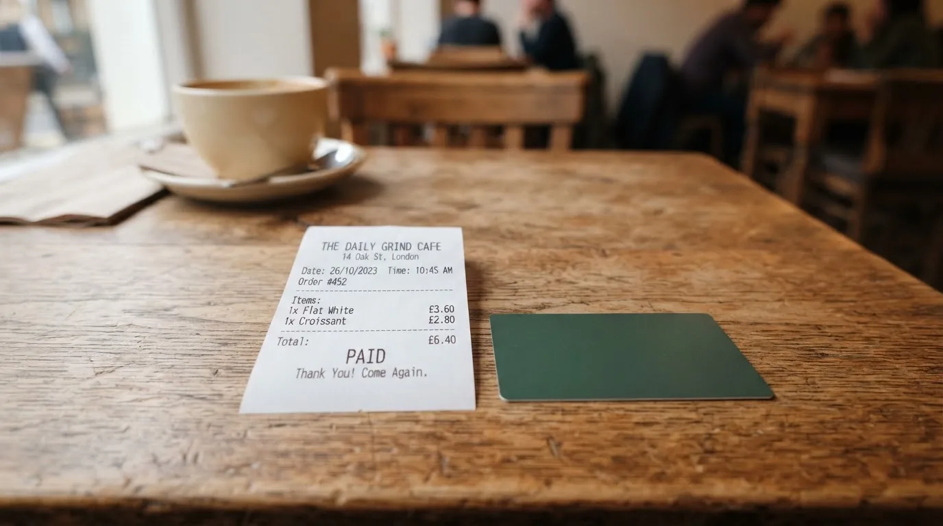 A receipt and a card on a café table
