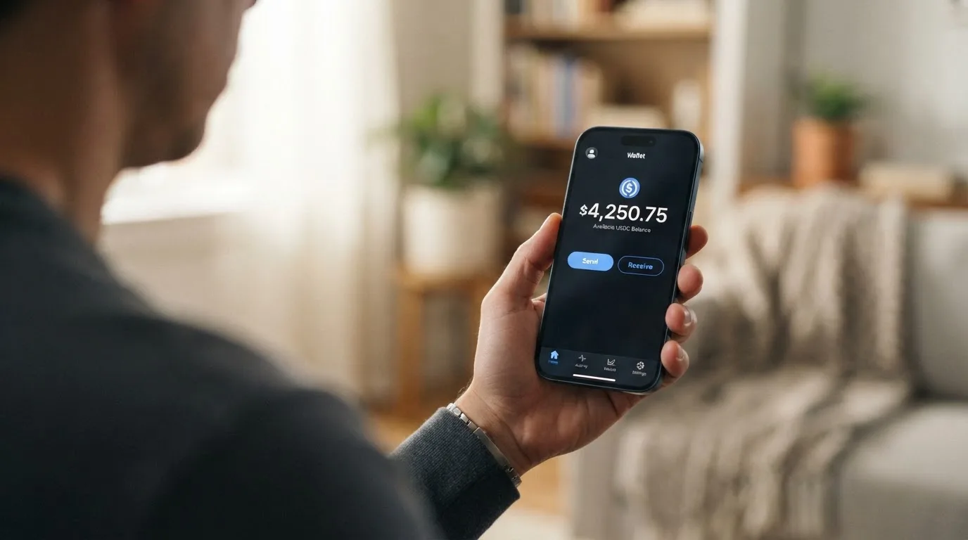A phone showing a stablecoin transfer screen