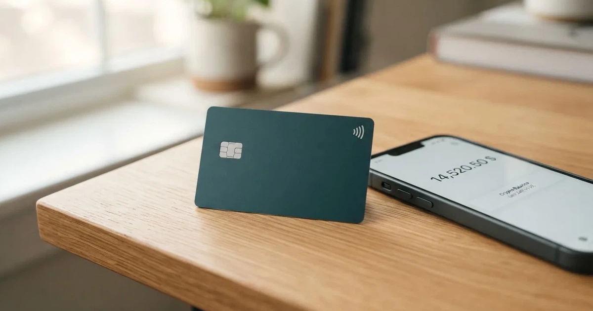 A payment card next to a phone with a crypto wallet app open