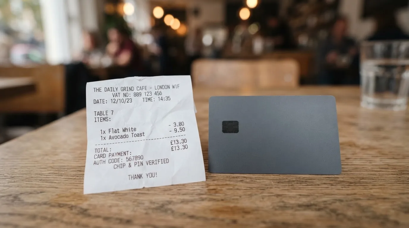 A receipt and a card on a café table